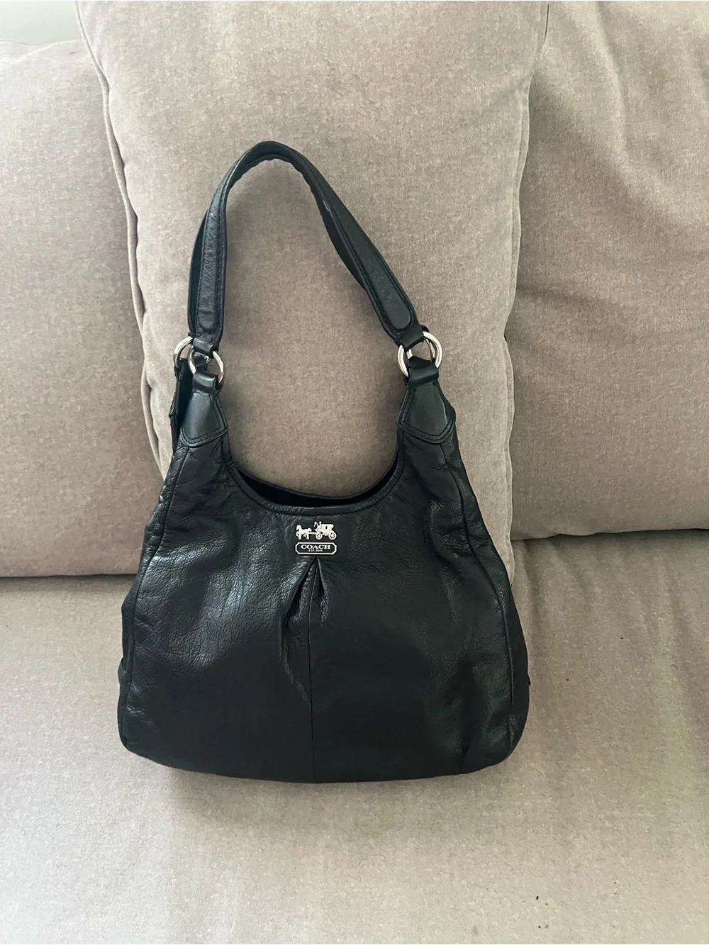 Coach Black Leather Hobo Shoulder Bag with Silver Hardware